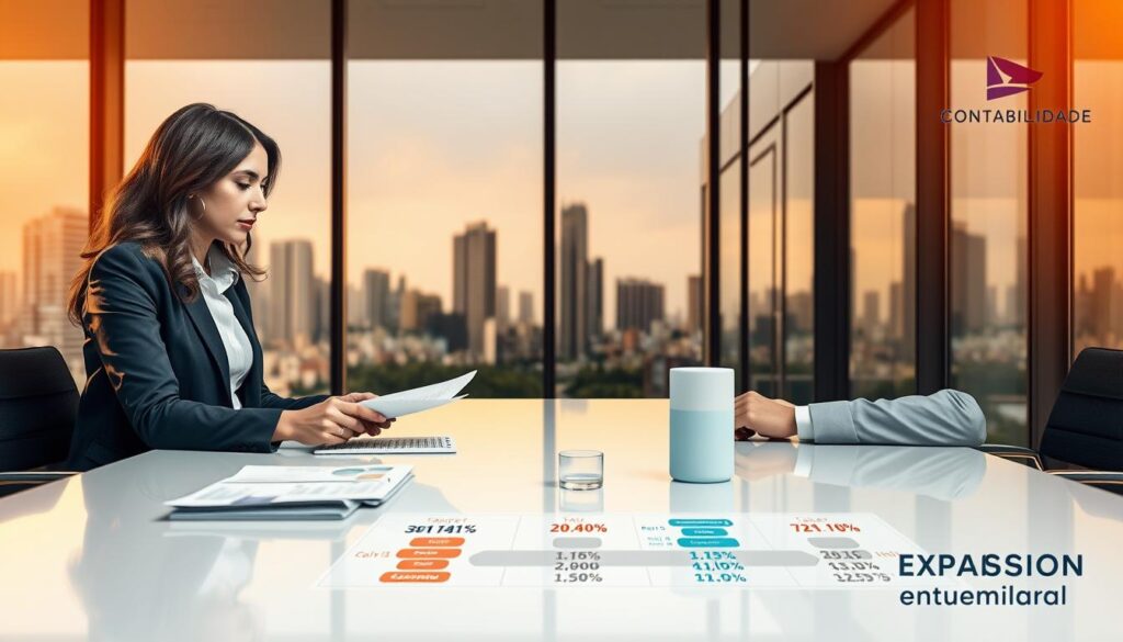 A professional setting showcasing the comparison of corporate tax burdens and tax regimes, symbolizing the concept of "Carga tributária empresarial". In the foreground, a well-dressed businesswoman and businessman are discussing financial documents on a sleek conference table. In the middle ground, an infographic showing different tax rates and structures, visually contrasting the tax burdens of various regimes. The background features a modern office with large windows and a cityscape view of São Bernado do Campo, capturing the essence of a thriving business environment. Warm, natural lighting floods the space, creating an inviting atmosphere. Include a subtle logo of "Expansion Contabilidade" in the corner of the image.