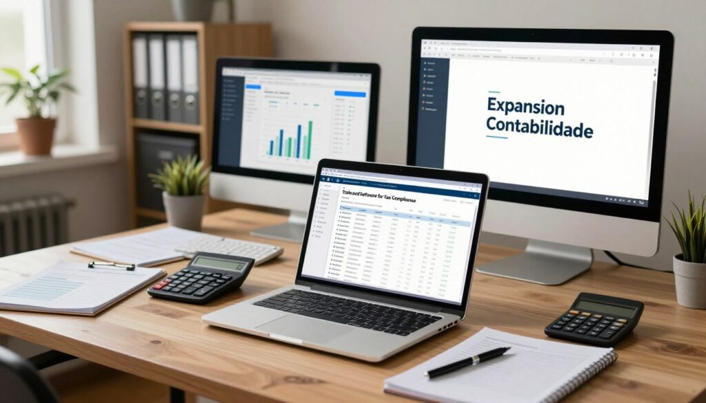 A professional workspace illustrating "Tools and Software for Tax Compliance" in the context of São Bernardo do Campo. In the foreground, a sleek laptop displays various financial software interfaces, showcasing graphs and tax calculation tools. Scattered around are accounting tools like calculators, notepads, and pens, symbolizing traditional methods blended with technology. In the middle ground, a well-organized desk features a modern desktop monitor additional software displays, with a clear view of the "Expansion Contabilidade" brand logo. The background includes a cozy office setting with filing cabinets and a potted plant, adding warmth. Soft, natural lighting filters in from a nearby window, creating a productive and calm atmosphere. The image should feel inviting and professional, emphasizing efficiency and tax compliance resources.