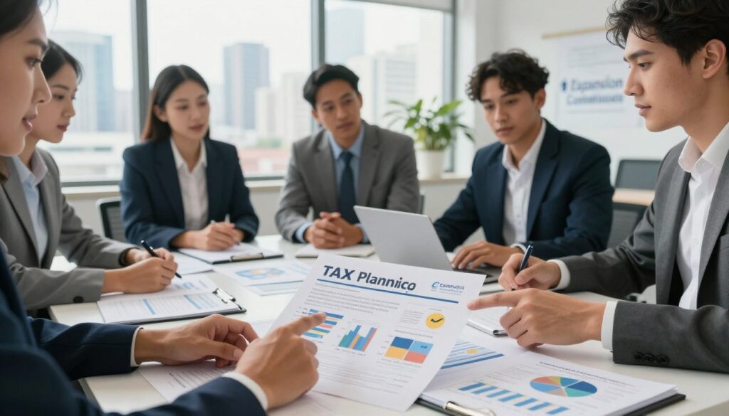 A strategic tax planning concept in a modern office setting, featuring a diverse group of professionals engaged in a collaborative discussion around a large table filled with charts, graphs, and financial documents. The foreground includes a close-up of hands pointing to a detailed report illustrating tax strategies with clear visuals. In the middle, professionals in business attire share ideas, displaying expressions of focus and determination. In the background, large windows reveal a blurred city skyline of São Bernardo do Campo, enhancing a sense of professionalism and ambition. Soft, natural lighting streams through the windows, creating a bright and optimistic atmosphere. The brand name "Expansion Contabilidade" is subtly integrated into the decor.