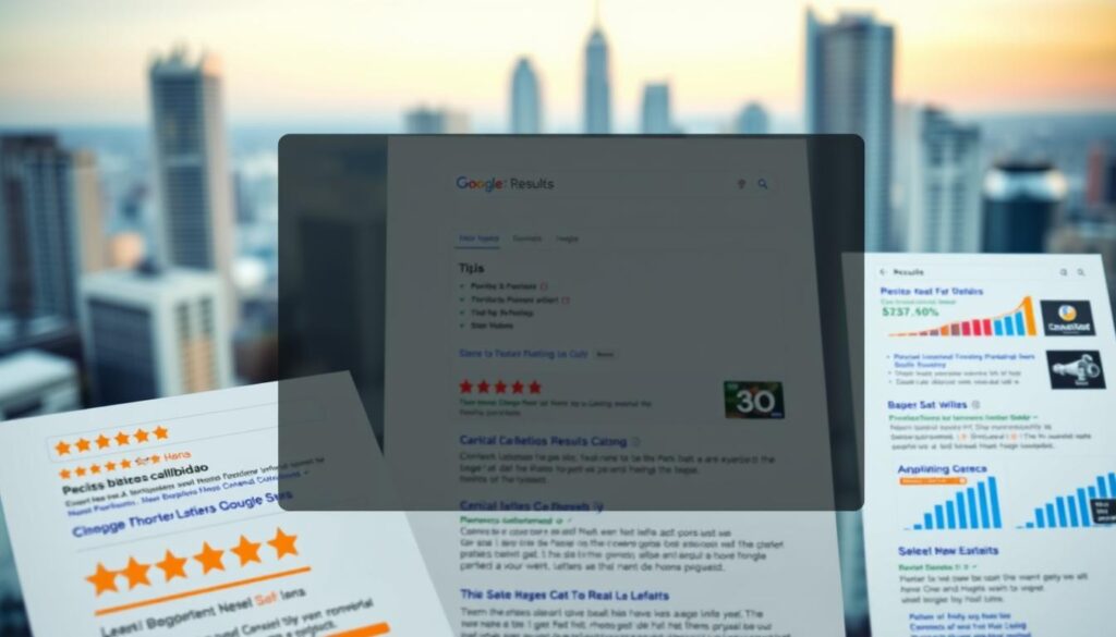 A visual representation of rich snippets in Google search results, featuring an array of colorful and detailed search listings showcasing various business and financial topics. The foreground includes highlighted snippets with star ratings, review counts, and appealing images of graphs symbolizing growth. In the middle, a stylized representation of a search engine results page, displaying clearly defined rich snippets alongside traditional results. The background depicts a blurred city skyline, suggesting a business hub. Soft, ambient lighting highlights the details, with a focus on a professional and analytical mood, indicative of SEO discussions. The brand name "Expansion Contabilidade" is subtly integrated into the design, reflecting the context of financial expertise.