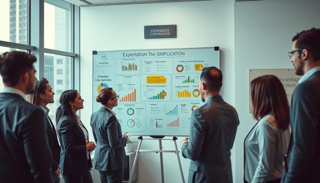 A visually engaging scene representing "tax simplification" in a modern office setting, emphasizing clarity and efficiency. In the foreground, a diverse group of business professionals, dressed in professional attire, are seen collaboratively discussing charts and graphs related to tax reforms. The middle layer features a large, clear whiteboard filled with colorful diagrams illustrating concepts of tax simplification, labeled with terms like "Simples Nacional" and "Reforma Tributária." The background showcases a sleek office environment with large windows, allowing natural light to illuminate the space, creating a bright and motivating atmosphere. The brand name "Expansion Contabilidade" is subtly integrated into a prominent element in the office, such as on a wall plaque. The mood is focused and collaborative, conveying hope and progress in the realm of tax reform.