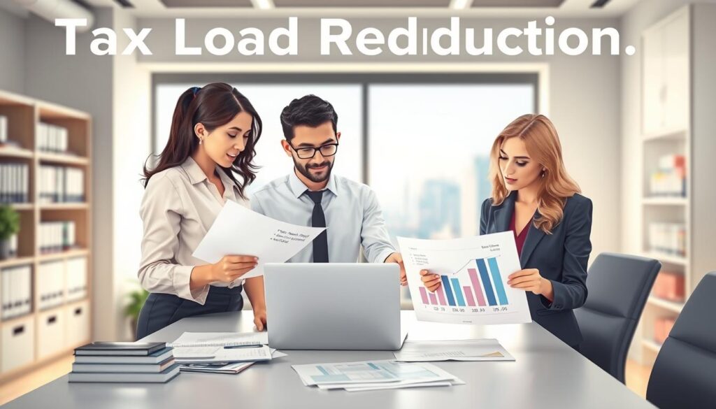 A conceptual illustration representing "Tax Load Reduction" in a modern office setting. In the foreground, a diverse group of three professionals in business attire - a woman with dark hair, a man with glasses, and a woman with light hair - are engaged in a discussion. They examine financial documents, showing graphs that depict decreasing tax amounts. In the middle ground, a sleek, minimalist desk with a laptop and various tax-related forms contrasts with a window revealing a bright cityscape of São Bernardo do Campo, symbolizing opportunities. The background includes a blurred bookshelf filled with accounting books. Soft, natural lighting floods the scene, creating a professional, optimistic atmosphere. The image subtly incorporates the brand name "Expansion Contabilidade" into the office decor.