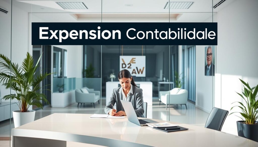 A contemporary accounting office setting in São Bernardo do Campo, featuring the brand name "Expansion Contabilidade" prominently displayed on the front window. In the foreground, a professional accountant in business attire sits at a sleek desk, focused on financial documents with a laptop open beside her. The middle ground shows a welcoming reception area with stylish furniture and a potted plant. The background includes large windows allowing natural light to flood the room, creating a bright and inviting atmosphere. The lighting should be soft yet bright, enhancing the clean and organized feel of the space. The overall mood is professional, reflecting trust and efficiency in financial services, suggesting a high-quality workplace for clients seeking accounting assistance.