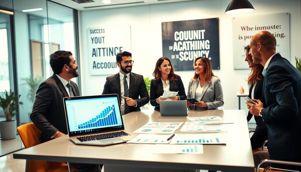 A dynamic office environment showcasing a successful client meeting at Expansion Contabilidade in São Bernardo do Campo. In the foreground, a diverse group of professional clients—two men and two women, dressed in smart business attire—are engaged in a lively discussion, smiling and exchanging ideas. In the middle ground, a sleek conference table is adorned with financial reports and a laptop displaying graphs demonstrating impressive growth. In the background, large windows let in soft, natural light, illuminating the modern office decor with motivational wall art related to success in accounting. The atmosphere feels empowering and optimistic, reflecting trust and collaboration. Use a wide-angle lens for a spacious feel, with warm lighting to enhance the welcoming environment.