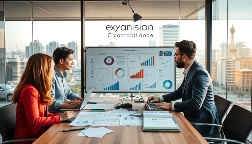 A dynamic office setting showcasing the concept of consulting accounting benefits for businesses. In the foreground, a diverse group of three professionals dressed in business attire, engaged in a collaborative discussion around a modern conference table, with laptops and financial documents spread out. The middle ground features a large whiteboard filled with charts, graphs, and key performance indicators, emphasizing strategic growth. In the background, a glass wall reveals the bustling cityscape of São Bernardo do Campo, bathed in warm, natural light filtering through, creating an uplifting atmosphere. The scene should evoke a sense of innovation, teamwork, and professional growth, with the brand name "Expansion Contabilidade" subtly incorporated into the design elements of the office space, such as a sleek logo on the wall.