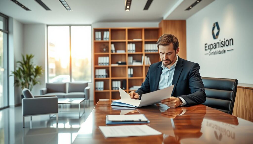 A modern accounting office in São Bernardo do Campo, featuring a sleek reception area with minimalistic furniture. In the foreground, a professional accountant in formal attire is reviewing documents at a polished wooden desk, projecting a sense of diligence and competence. In the middle, shelves filled with accounting books and neatly organized files provide context to the workspace. The background reveals a large window with natural light pouring in, casting a warm glow over the scene, enhancing the inviting atmosphere. On the wall, a subtle logo of "Expansion Contabilidade" adds a touch of branding. The overall mood is professional and efficient, perfectly suited for businesses considering outsourced financial services.