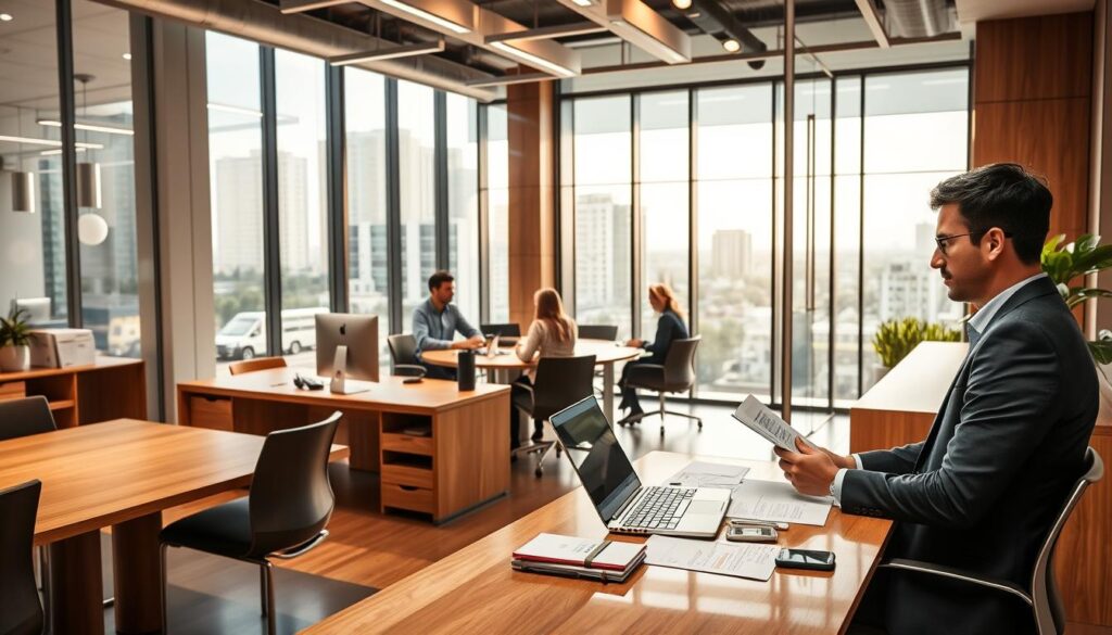 A modern accounting office in São Bernardo do Campo, featuring sleek wooden furniture and organized workspaces. In the foreground, a professional accountant, dressed in business attire, diligently reviews financial documents at a contemporary desk with a laptop open. In the middle ground, there's a large glass meeting room with a round table where two clients are engaged in a discussion with another accountant from Expansion Contabilidade, showcasing collaboration and professionalism. The background includes tall windows allowing natural light to flood the space, with city views highlighting São Bernardo do Campo. The atmosphere is productive and inviting, with a focus on trust and growth in the accounting service. The lighting is warm, accentuating the welcoming feel of the office environment.