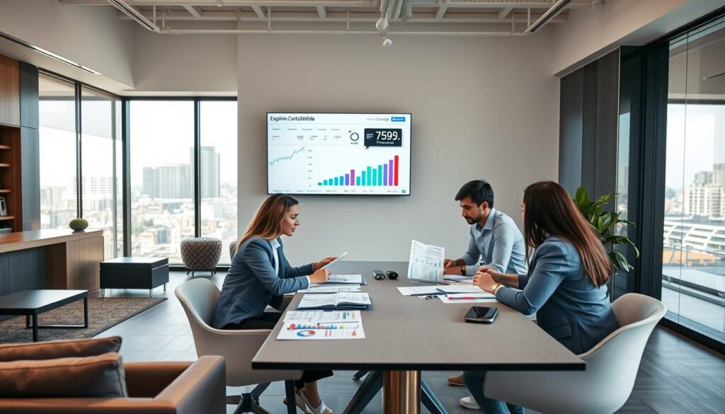 A modern accounting office interior emphasizing professionalism and efficiency, featuring a sleek reception area with comfortable seating and contemporary decor. In the foreground, a diverse group of four professionals in business attire engages in discussion over financial documents at a stylish conference table. In the middle ground, a large wall-mounted screen displays graphs and charts, showcasing financial data analysis. The background features large windows with natural light pouring in, offering a view of São Bernardo do Campo's skyline. The atmosphere is collaborative and focused, conveying the essence of "Expansion Contabilidade." Use soft, warm lighting to enhance a welcoming and productive mood. Capture this scene with a slight depth-of-field effect, showcasing the professionals in sharp focus while softening the background.
