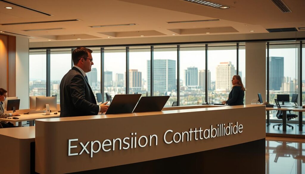 A modern accounting office interior in São Bernardo do Campo, featuring a reception area with a sleek desk displaying the brand name "Expansion Contabilidade". In the foreground, a professional accountant in business attire is engaged in a consultation with a client. The middle ground showcases organized office spaces with computers, documents neatly arranged, and large windows letting in natural light. The background reveals a contemporary cityscape visible through the glass, symbolizing local accessibility. The atmosphere is professional and welcoming, with warm lighting creating an inviting mood. The angle is slightly tilted to capture both the interior and the urban landscape outside, highlighting the importance of location for businesses seeking reliable accounting services.