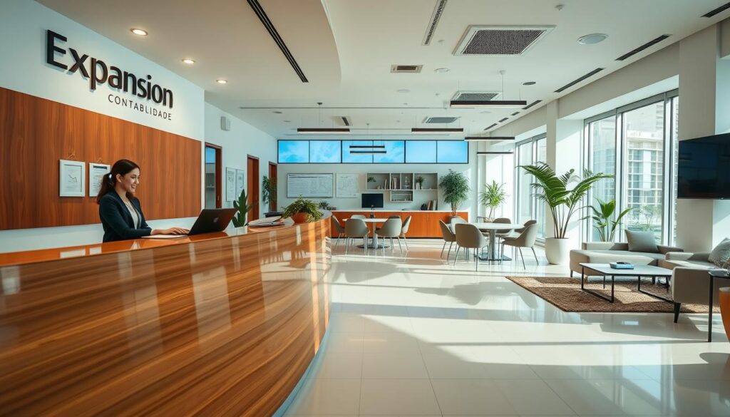 A modern and inviting accounting office in São Bernardo do Campo, showcasing the brand "Expansion Contabilidade". In the foreground, a welcoming reception desk with a friendly receptionist in professional attire, engaged in conversation. The middle ground features a sleek, organized workspace with financial charts on the walls, a large conference table, and a cozy seating area with contemporary furniture. In the background, large windows let in natural light, casting a warm glow over the entire space. The atmosphere is professional yet approachable, conveying a sense of trust and expertise. Capture the scene with a bright and airy perspective, using a wide-angle lens to emphasize the spaciousness of the office while highlighting the modern decor and efficient layout.