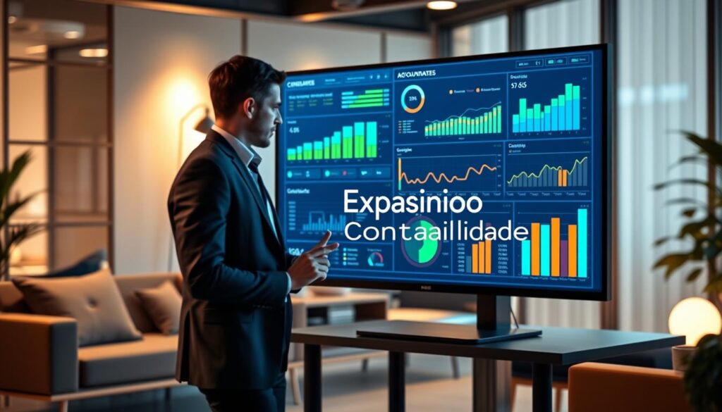 A modern financial management dashboard representing innovative accounting practices, featuring sleek graphs, charts, and data analytics tools. In the foreground, a clear digital interface displaying key performance indicators and analytics, vibrant with colors like blue, green, and orange, emphasizing growth and insight. In the middle, a professional advisor, dressed in business attire, intently analyzing the dashboard on a large monitor, surrounded by high-tech gadgets. The background includes a stylish office setting with contemporary design elements, showcasing minimalistic furniture and ambient lighting. Soft, diffused light creates an inviting ambiance, highlighting the importance of consultative accounting in daily financial management. The logo "Expansion Contabilidade" subtly integrated into the dashboard design. The overall mood is professional and inspiring, encouraging business growth and strategic decision-making.