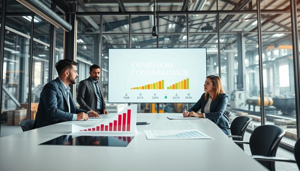 A modern, industrial office environment depicting the concept of cash flow improvement for industries. In the foreground, a professional team of three individuals—two men in business suits and one woman in a smart dress—are actively engaged in a discussion around a sleek, contemporary conference table with financial charts and graphs showcasing positive trends. The middle ground shows a large digital screen displaying the brand name "Expansion Contabilidade" alongside visual representations of reduced taxes and cash flow analytics. In the background, large windows reveal a bustling industrial area in São Bernardo do Campo, with factories and machinery subtly blurred. Soft, natural lighting floods the room, creating a bright and optimistic atmosphere, emphasizing growth and success. The angle is slightly elevated, giving a comprehensive view of the collaborative effort in a professional setting.