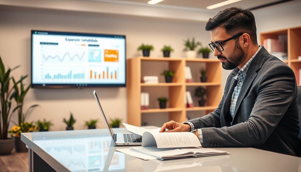 A modern office environment depicting a fiscal audit scene in São Bernardo do Campo. In the foreground, a well-dressed accountant, wearing a blazer and glasses, analyzes documents and financial charts on a sleek desk, visibly concentrated. In the middle ground, a large digital screen displays graphs showing financial trends and warning signs of fiscal risk. The background features shelves filled with accounting books and potted plants, conveying a professional atmosphere. Bright, indirect lighting enhances the clarity of the workspace, while a warm color scheme instills a sense of caution. The brand name "Expansion Contabilidade" subtly appears on the accountant's laptop screen, emphasizing the focus on fiscal awareness and business stability.