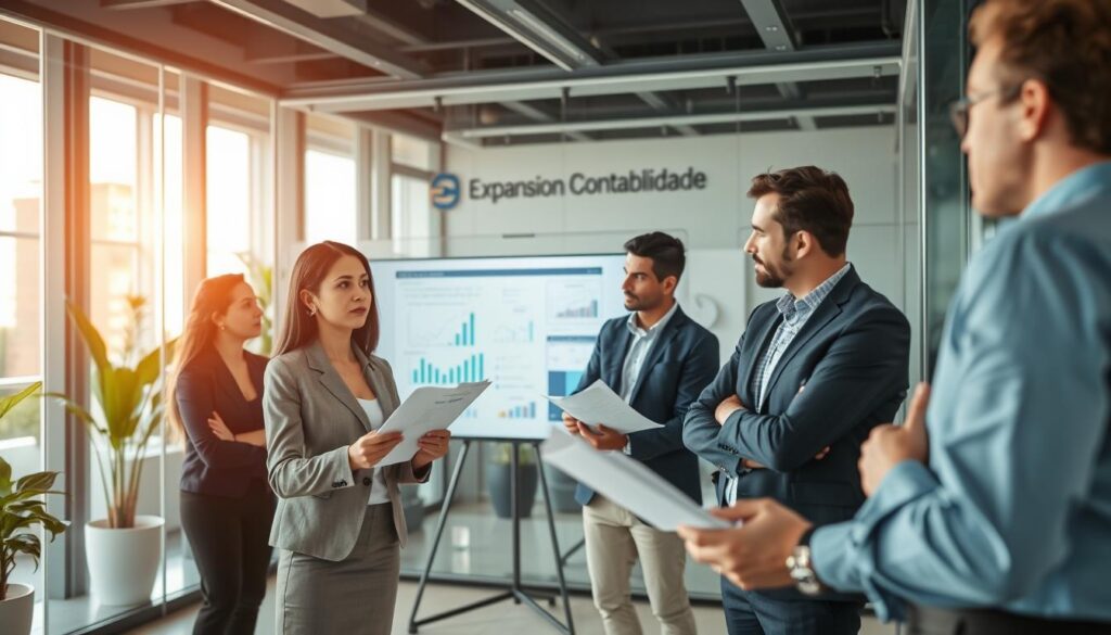A modern office environment featuring a diverse group of professionals engaged in a collaborative discussion. In the foreground, a confident woman in business attire presents a financial report to her colleagues, who are attentively listening. The middle ground shows two men reviewing charts and graphs on a large screen, illustrating successful financial strategies. The background reveals a sleek office space with glass walls and indoor plants, conveying a sense of professionalism and innovation. Soft, natural lighting filters through the windows, creating a warm and inviting atmosphere. The brand name "Expansion Contabilidade" is subtly integrated into the office decor, such as on a display board or wall art. The overall mood is one of focus, collaboration, and enthusiasm for industrial accounting success in São Bernardo do Campo.