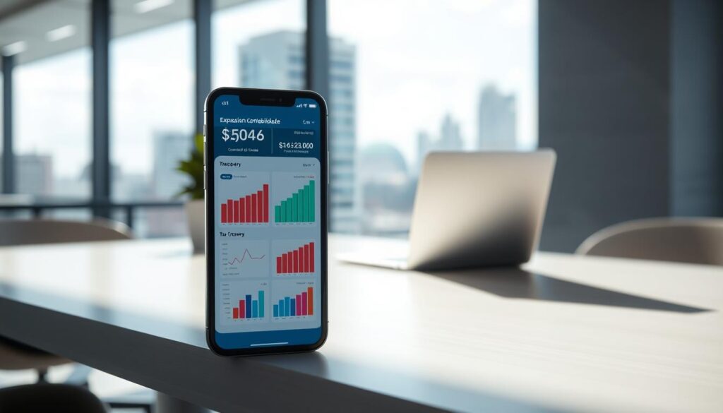 A modern office environment featuring a mobile device displaying financial graphs and charts, symbolizing the concept of mobile responsiveness in accounting. In the foreground, a sleek smartphone occupies the center, showcasing clear, colorful data visuals related to tax credit recovery. The middle ground includes a stylish, contemporary workspace with a blurred laptop and a potted plant, giving a professional vibe. In the background, a large window displays an urban skyline of São Bernardo do Campo, emphasizing a business-focused atmosphere. Soft, natural lighting enhances the scene, casting gentle shadows, while a slight depth of field focuses on the smartphone. The image conveys a sense of efficiency and professionalism, representing "Expansion Contabilidade" as an innovative partner in financial solutions.