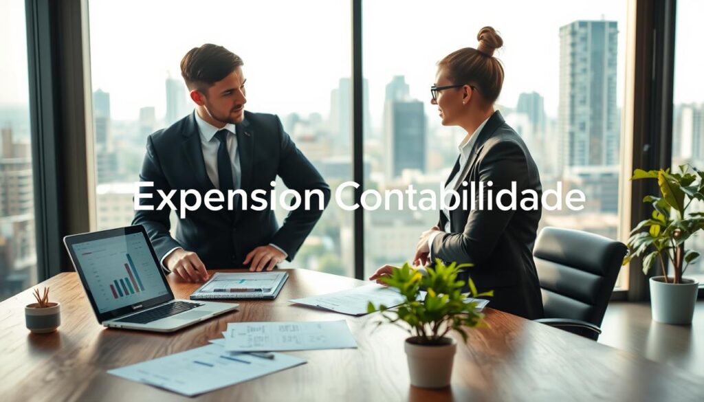 A modern office environment in São Bernardo do Campo, showcasing a professional accountant discussing personalized accounting strategies with a small business owner. The foreground features a wooden desk with financial documents, a laptop displaying charts, and a small plant for a touch of greenery. In the middle ground, the accountant, dressed in smart business attire, engages attentively with the client, who appears interested and focused. The background includes large windows with a view of the city skyline, letting in soft, natural light, creating a warm and inviting atmosphere. The brand name "Expansion Contabilidade" is subtly integrated into the office design, conveying a sense of professionalism and trust. The mood is collaborative and positive, reflecting the benefits of personalized accounting services in a thriving urban setting.