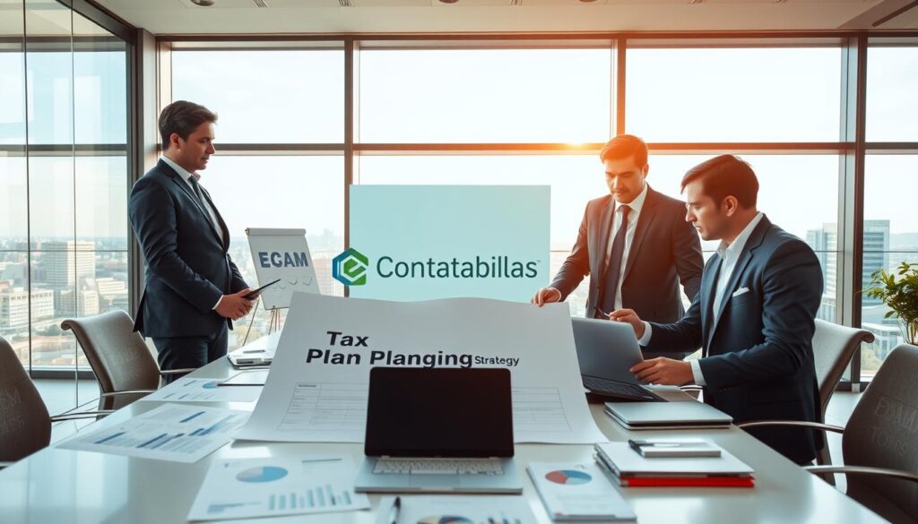 A modern office environment showcasing a thorough tax planning implementation scene. In the foreground, a diverse group of three professionals, two men and one woman, dressed in smart business attire, actively collaborating over a large document titled "Tax Planning Strategy." In the middle ground, a sleek conference table with laptops, tax charts, and financial reports spread out, highlighting a productive atmosphere. In the background, a large window with a panoramic view of São Bernardo do Campo's skyline, bathed in warm afternoon light. The mood is focused and innovative, emphasizing teamwork and strategic thinking in financial planning. The brand name "Expansion Contabilidade" subtly displayed on a presentation board within the scene.