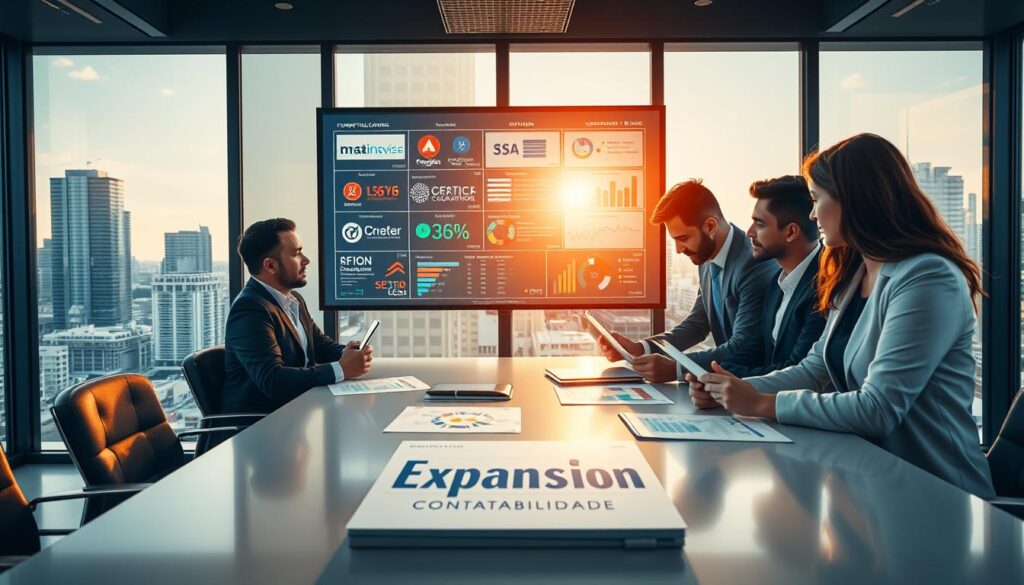 A modern office environment showcasing the competitive landscape of accounting firms in São Bernardo do Campo. In the foreground, a diverse group of three professionals in business attire is engaged in an intense discussion, analyzing charts and reports on a sleek conference table. The middle layer features a large wall screen displaying key performance metrics, logos of various accounting firms, and a database of competitor analysis. In the background, large windows reveal the bustling cityscape of São Bernardo do Campo under bright daylight, creating a vibrant atmosphere. The composition emphasizes collaboration and strategic planning, with warm lighting that enhances the professional mood. Include the brand name "Expansion Contabilidade" subtly integrated into the design of a chart on the table.