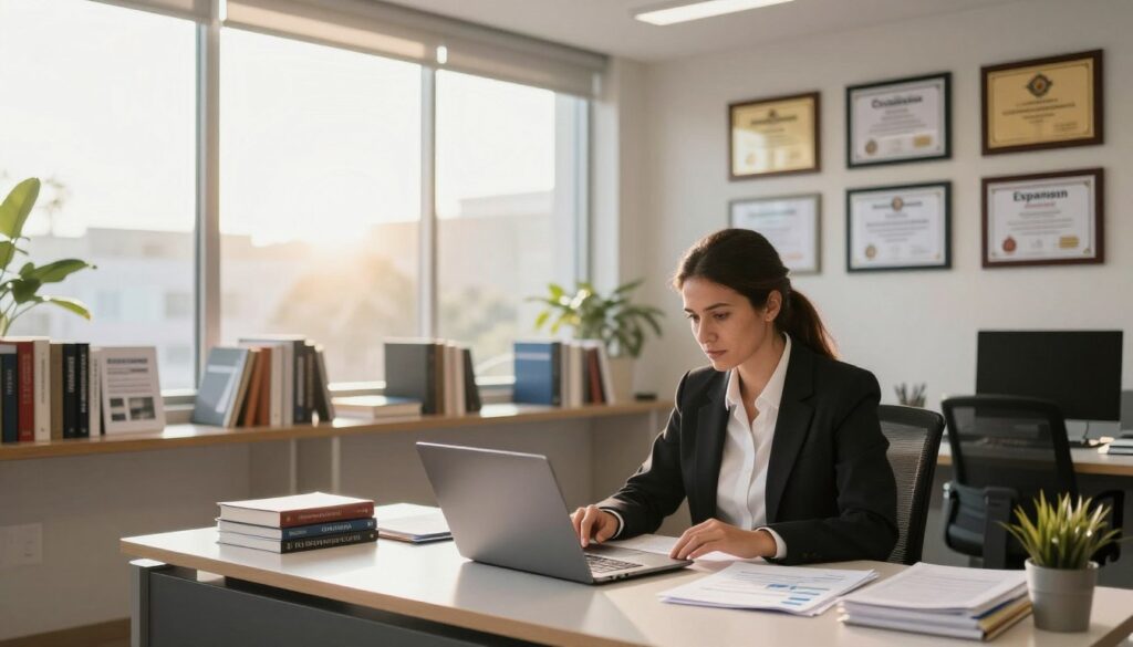 A modern office interior showcasing Expansion Contabilidade, located in São Bernardo do Campo. In the foreground, a professional accountant, dressed in business attire, sits at a sleek desk filled with financial documents and a laptop, deeply focused on calculations. The middle ground features shelves lined with books on tax regulations and client success stories. Behind, large windows allow soft sunlight to stream in, creating a warm and inviting atmosphere. The walls are adorned with framed certificates and awards, symbolizing expertise in tax consultation. The mood is professional and reassuring, conveying trust and competence, ideal for clients seeking personalized accounting services.
