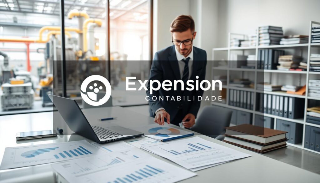 A modern office scene emphasizing specialized accounting for industrial contexts, featuring a clean, organized workspace with charts, financial reports, and industrial equipment blueprints spread across a sleek desk. In the foreground, a professional accountant in business attire is analyzing data on a laptop, showcasing focus and expertise. The middle ground displays a large window revealing a bustling manufacturing facility, symbolizing industry growth. In the background, shelves are filled with accounting books and industrial materials, suggesting a connection to São Bernardo do Campo’s economic landscape. Soft, natural lighting filters in, creating a calm yet productive atmosphere. The brand name “Expansion Contabilidade” subtly integrated into the workspace, enhancing the sense of professionalism and specialization.