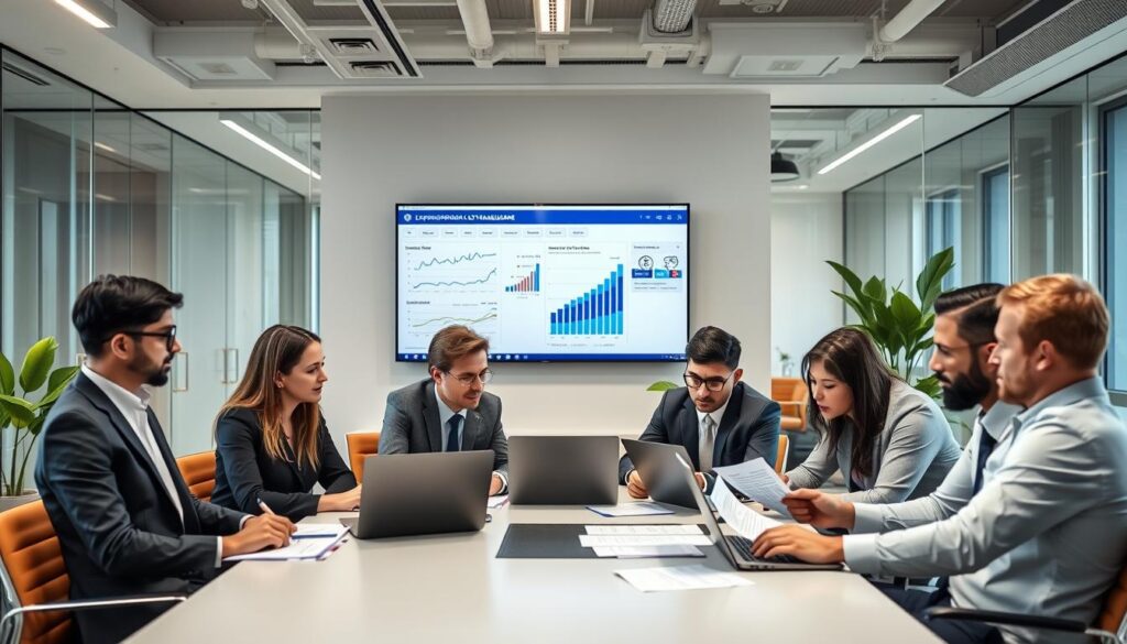 A modern office scene illustrating "Expansion Contabilidade", a specialized fiscal consulting firm. In the foreground, a diverse group of professionals in business attire collaborates around a sleek conference table, assessing financial documents and digital reports on laptops. The middle ground features a large, wall-mounted screen displaying graphs and analytics related to tax credit recovery, symbolizing expertise in the field. The background shows a stylish office environment with glass partitions, contemporary furniture, and plants, creating a warm yet professional atmosphere. The lighting is bright and inviting, providing a clear view of the team’s focused expressions. Capture this moment from a slightly elevated angle, showcasing teamwork and professionalism in São Bernardo do Campo.