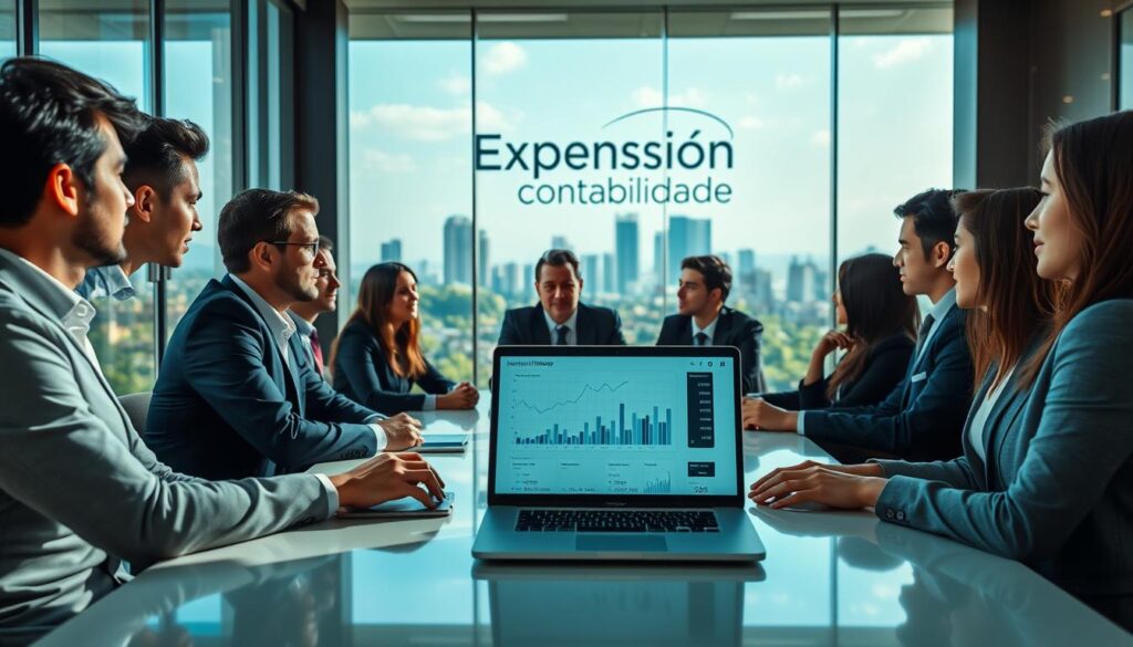 A modern office setting in São Bernardo do Campo, Brazil, focused on a business consultant meeting with clients. In the foreground, a diverse team of professionals in smart business attire is seated around a sleek conference table, engaged in discussion. A laptop displays financial graphs, symbolizing innovative accounting solutions. The middle ground features a large window with a view of the city skyline, filled with greenery and urban architecture. In the background, subtle branding of "Expansion Contabilidade" is visible on a glass wall. Natural light floods the space, creating a bright and inviting atmosphere. Capture this moment from a slightly elevated angle to emphasize collaboration and professionalism, evoking a mood of trust and competence in the accounting field.