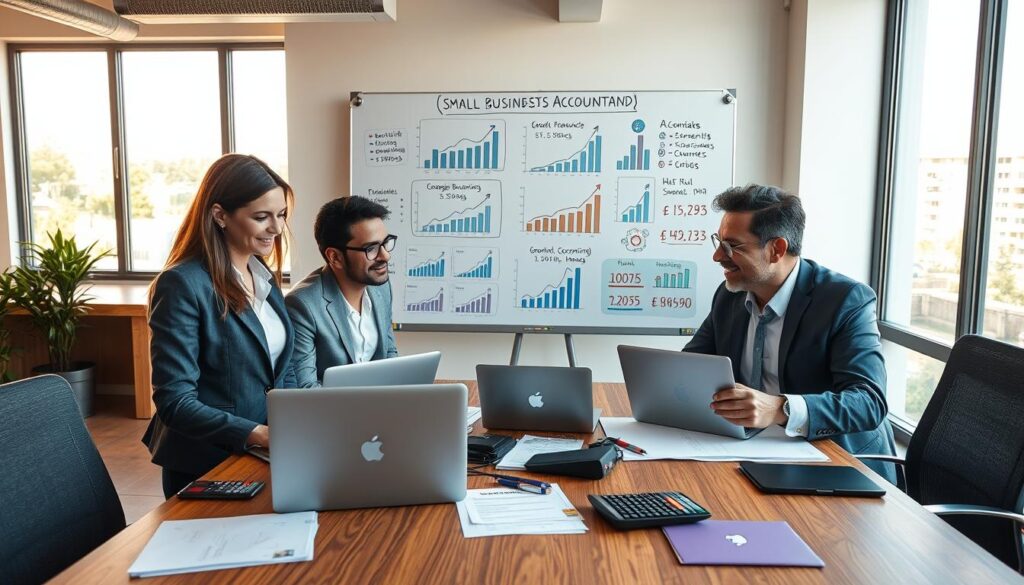A modern office setting in São Bernardo do Campo, with a focus on small business accounting. In the foreground, a diverse group of three professionals—one woman and two men—dressed in smart business attire, engaged in a productive discussion around a table filled with laptops, financial documents, and calculators. In the middle ground, a whiteboard displaying financial graphs and growth strategies relevant to small businesses, emphasizing originality and value in accounting. The background features large windows letting in warm, natural light, illuminating the space and adding a sense of collaboration and optimism. The atmosphere conveys professionalism and support, embodying the brand name "Expansion Contabilidade" as a trusted partner for local businesses.