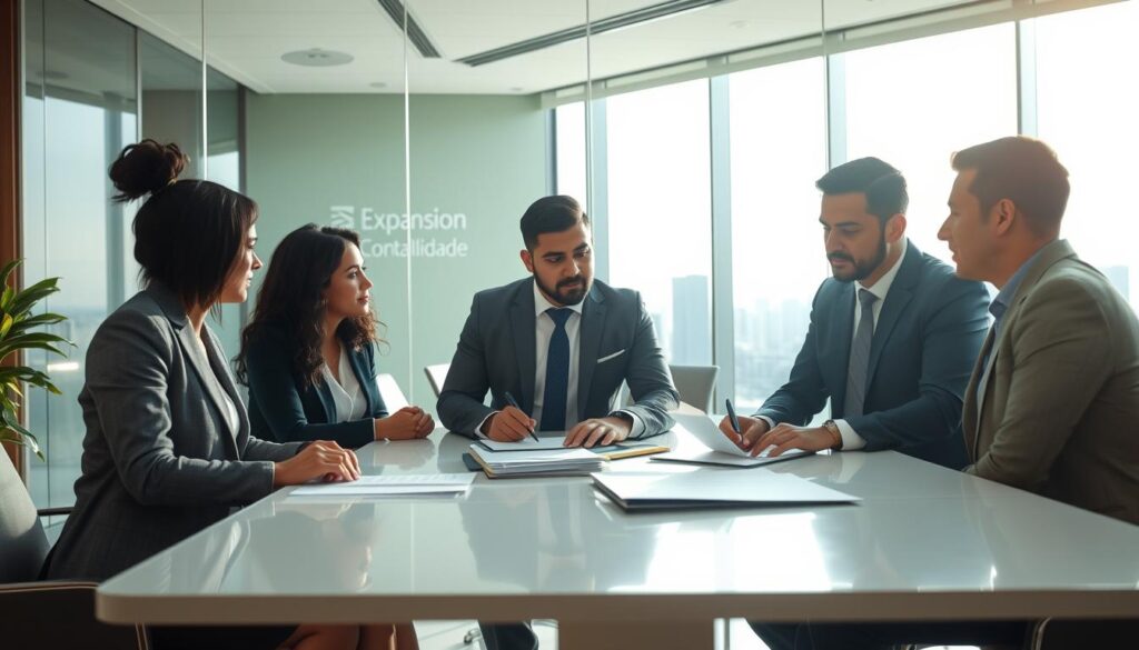 A modern office setting in São Paulo's ABC region, showcasing a diverse group of tax consultants engaged in a collaborative discussion. In the foreground, two consultants, a woman of Brazilian descent in professional business attire, and a Hispanic man in a tailored suit, are reviewing documents on a sleek table. The middle ground features a large window allowing natural light to spill in, illuminating a contemporary conference room with a view of the city's skyline. In the background, a subtle logo of "Expansion Contabilidade" is visible on a glass panel. The atmosphere is focused and professional, emphasizing teamwork and financial expertise. Use a slightly elevated angle to capture the depth of the office space, with a warm color palette that conveys trust and reliability.