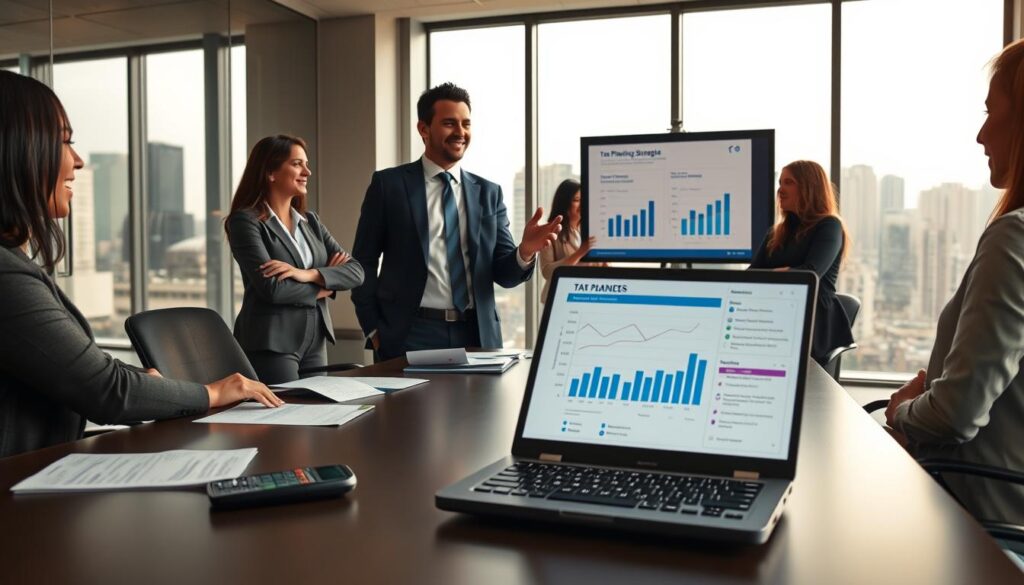 A modern office setting representing "Expansion Contabilidade" in São Bernardo do Campo, showcasing a professional consultant in formal business attire engaged in a discussion with a diverse group of small business owners. The foreground features a sleek conference table with financial documents, a calculator, and a laptop open, displaying tax graphs. In the middle ground, the consultant, a confident individual, gestures towards a digital presentation on a screen about tax planning strategies. The background includes large windows with a view of São Bernardo do Campo’s skyline, allowing natural light to illuminate the room, creating an inviting and productive atmosphere. Capture the essence of professionalism and collaboration with a warm color palette, emphasizing trust and clarity in financial consultation.