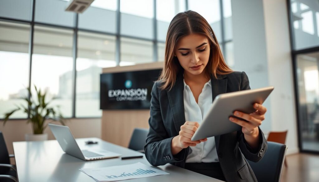 A modern office setting showcasing mobile accessibility in tax consulting. In the foreground, a professional in business attire, a young woman, is using a tablet with graphs and data on the screen, deeply focused. The middle ground features a sleek desk with a laptop and documents, hinting at a collaborative work environment. In the background, large windows let in soft, natural light, illuminating the room and creating a warm atmosphere. A logo for "Expansion Contabilidade" is subtly placed on a wall or desk. The overall mood conveys professionalism, efficiency, and innovation, reflecting the responsiveness and accessibility of tax consulting services in São Bernardo do Campo. Use a soft focus for the background to emphasize the subject in the foreground.