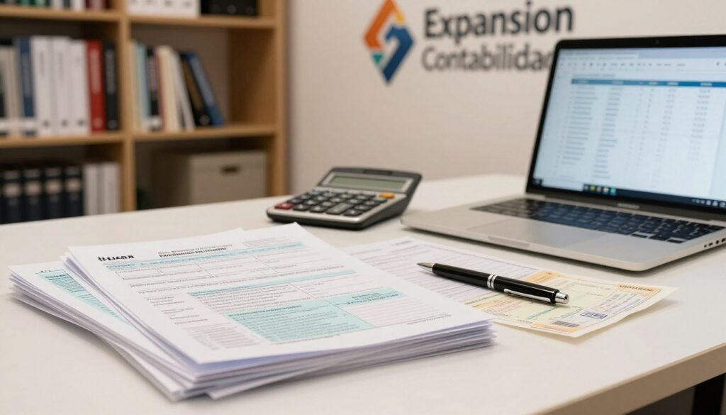 A neatly organized desk showcasing essential documentation for the income tax declaration in São Bernardo do Campo. In the foreground, a stack of important financial documents, including a tax declaration form, receipts, and identification papers, is carefully piled next to a laptop displaying a spreadsheet. In the middle ground, a calculator and a pen rest beside the documents. The background features a well-lit office space with bookshelves filled with accounting text and a subtle logo of "Expansion Contabilidade" on a wall. Soft, warm lighting creates a professional atmosphere, highlighting the importance of precise documentation. The composition evokes a sense of diligence and professionalism essential for tax preparation.
