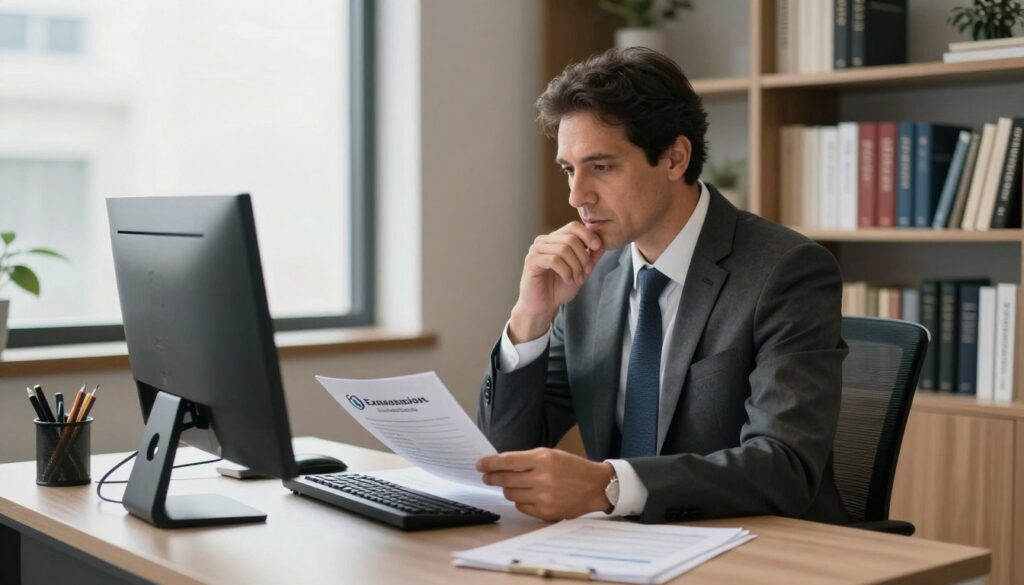 A professional accountant in a modern office setting, focused on providing expert financial advice. The accountant, a middle-aged man in a smart business suit, is sitting at a sleek desk, analyzing documents on a computer screen, with a thoughtful expression. In the background, shelves lined with books on tax regulations and financial planning are visible, along with a large window letting in natural light. A subtle branding element showcasing "Expansion Contabilidade" is discreetly placed on a desk nameplate. The scene has a warm, inviting atmosphere, with soft lighting that highlights the professionalism and expertise of the accountant. The angle is slightly elevated, capturing both the desk and the office environment.