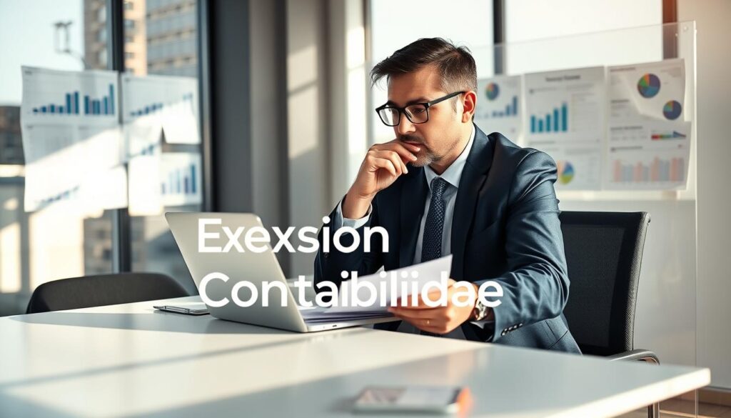 A professional accountant in a modern office setting, thoughtfully evaluating different accounting services. The accountant, a middle-aged male wearing a smart navy suit and glasses, is seated at a sleek, contemporary desk, surrounded by organized documents and a laptop. In the background, there are charts and financial reports pinned on a transparent board, enhancing the business atmosphere. Soft, natural light streams in through large windows, casting warm shadows across the room. The mood is focused and analytical, reflecting the importance of choosing the right services for medium-sized businesses in São Bernardo do Campo. Incorporate the logo of "Expansion Contabilidade" subtly in the room, ensuring it complements the professional ambiance without being dominant.