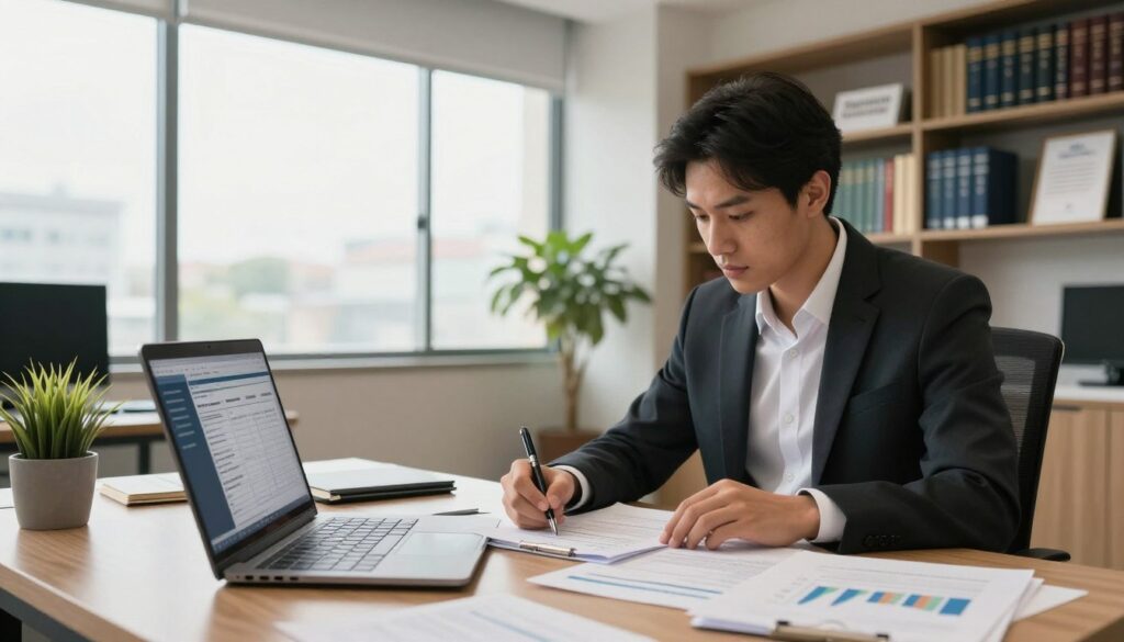 A professional accountant sitting at a desk in a modern office, wearing a business suit, focused on filling out tax forms for Imposto de Renda. In the foreground, a laptop displaying tax software is open, and there are papers with financial graphs cluttering the workspace. The middle layer features a large window letting in natural light, illuminating the professional atmosphere, while a potted plant adds a touch of greenery. In the background, shelves filled with accounting books and certifications create an impression of expertise and reliability. The office reflects a contemporary design, with soft, warm lighting enhancing the welcoming mood. Include the branding "Expansion Contabilidade" subtly in the office decor, emphasizing trust and professionalism in São Bernardo do Campo.