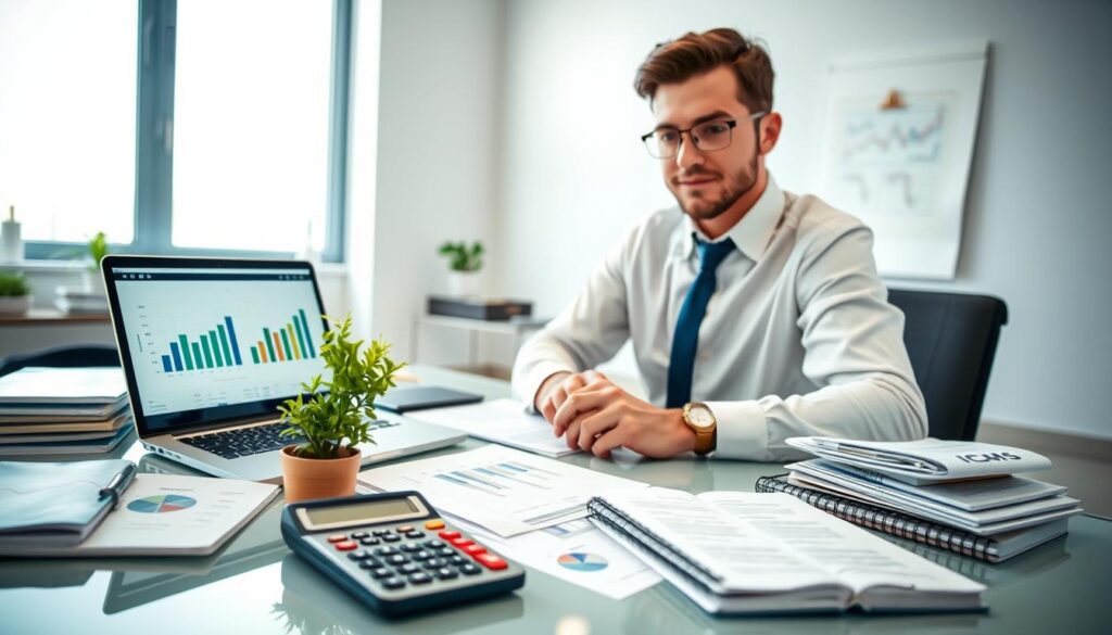 A professional accountant sitting at a modern desk surrounded by documents and financial reports, with an open laptop displaying graphs and tax spreadsheets related to ICMS. In the foreground, a calculator and tax-related books, suggesting thorough analysis. In the middle, a well-organized workspace with a small plant for a touch of green, conveying a sense of professionalism and efficiency. The background features a bright, minimalistic office space with soft natural lighting coming through a window, creating an inviting atmosphere. Subtly include a logo for "Expansion Contabilidade" on a notebook or the laptop screen. The mood is focused and analytical, emphasizing the importance of ICMS in tax credit recovery for businesses.