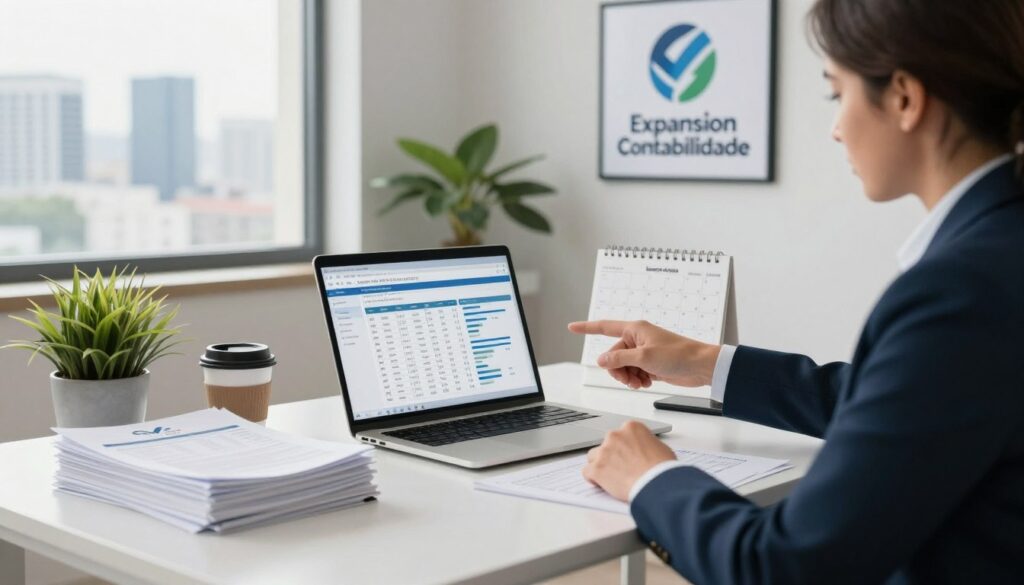 A professional accountant’s office environment featuring a modern desk, neatly stacked financial documents, and a laptop open to a tax software application. In the foreground, a focused accountant in professional attire, engaging with clients and pointing to charts on the screen. The middle ground includes a potted plant, a coffee cup, and a calendar marked with important tax deadlines, hinting at the significance of the Imposto de Renda. In the background, a window reveals the skyline of São Bernardo do Campo under soft, natural lighting, creating an inviting atmosphere. The brand "Expansion Contabilidade" is subtly represented through a framed logo on the wall, emphasizing expertise and professionalism in tax services.