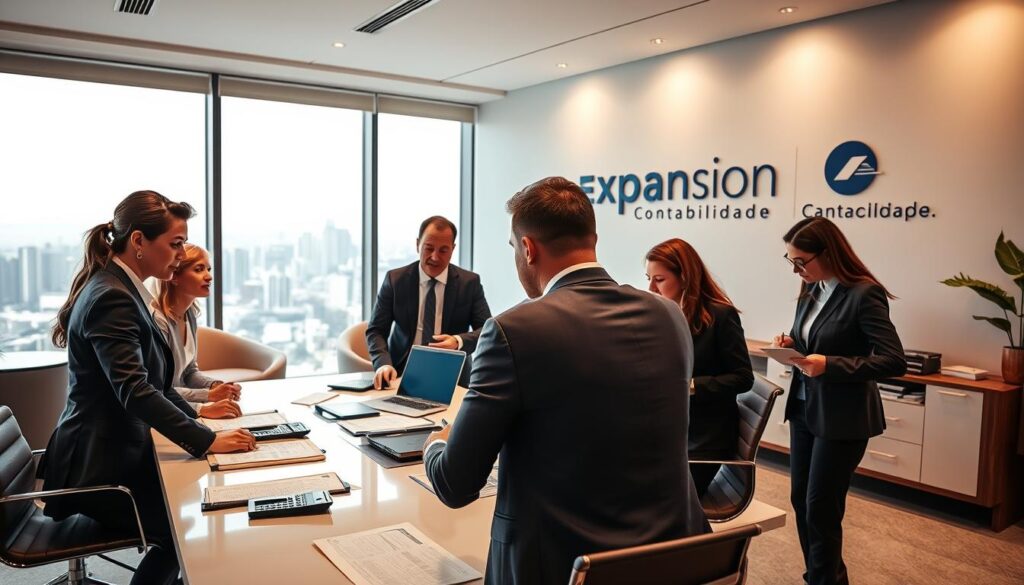 A professional accountant's office scene in São Bernado do Campo, showcasing the "processo de restituição ICMS." In the foreground, a diverse group of accountants in smart business attire collaborates around a sleek conference table filled with financial documents, calculators, and laptops. The middle ground features a modern office setup with elegant furnishings, a large window letting in soft natural light, and a view of the city skyline. In the background, a wall with the logo "Expansion Contabilidade" prominently displayed. The overall mood is focused and professional, emphasizing teamwork and expertise in financial restitution processes, with a warm color palette that enhances the inviting atmosphere. Capture the scene from a slightly elevated angle to showcase the interaction among the team.