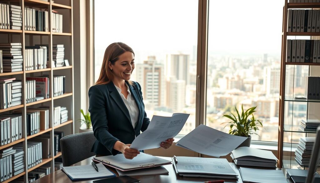 A professional accountant’s office set in São Bernardo do Campo, highlighting "Expansion Contabilidade". In the foreground, a confident female accountant, dressed in a smart business suit, is engaged in conversation with a client while reviewing financial documents on a desk. In the middle ground, shelves filled with financial books and neatly organized paperwork symbolize knowledge and expertise. In the background, a large window shows a view of São Bernardo do Campo's urban landscape, bathed in warm, natural light that creates an inviting atmosphere. The scene is captured from a slightly elevated angle, showcasing both the professional setting and the dynamic interaction. The overall mood is one of collaboration and growth, reflecting the supportive role of "Expansion Contabilidade" in fostering business success.