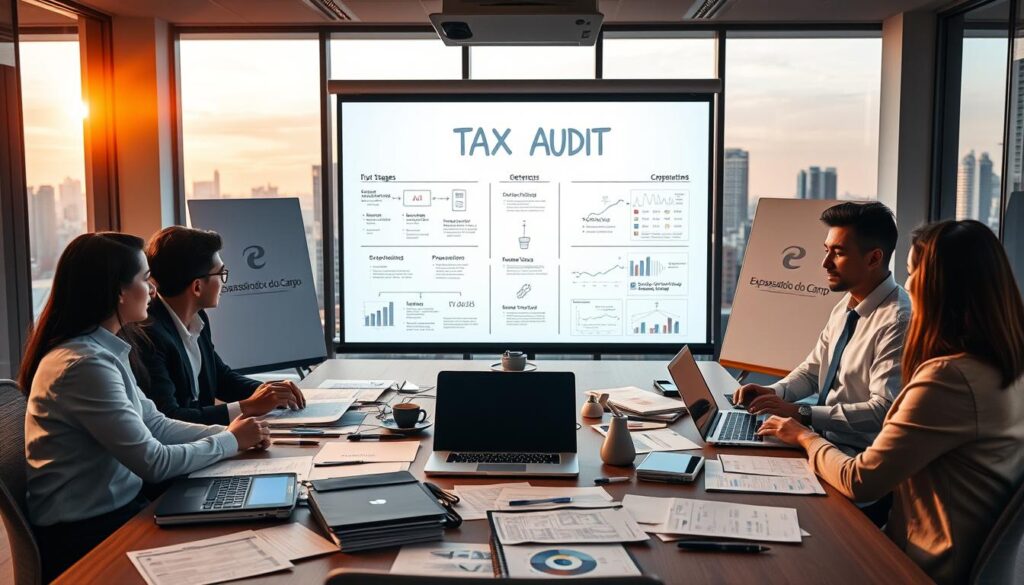 A professional and engaging office setting depicting the stages of a tax audit process. In the foreground, a diverse group of four professionals, dressed in business attire, are collaborating around a large conference table cluttered with tax documents, laptops, and financial charts. In the middle, a large whiteboard displays flowcharts and diagrams illustrating the audit stages, while a modern projector casts a clear presentation in the background. The atmosphere is focused and productive, with warm lighting illuminating the space, creating a sense of urgency and teamwork. The background features a city skyline visible through large windows, hinting at São Bernardo do Campo, with the brand "Expansion Contabilidade" subtly integrated into the office decor.