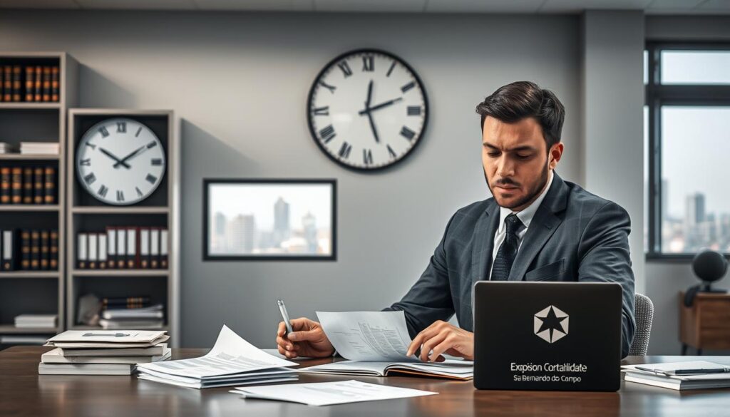 A professional audit scene illustrating fiscal penalties, featuring an office environment with a gray and white color scheme. In the foreground, a focused accountant in smart business attire reviews documents at a desk, surrounded by financial reports and a laptop. In the middle ground, a large wall clock indicates urgency, while shelves filled with tax law books reflect the serious nature of auditing. In the background, a window reveals a view of São Bernardo do Campo’s skyline, subtly indicating the local context. Soft, natural lighting creates a tense yet professional atmosphere, with a slight depth of field for a realistic effect. Incorporate a subtle logo for "Expansion Contabilidade" on the desk materials, ensuring not to overwhelm the image.