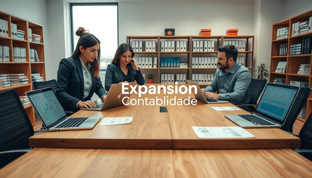 A professional business environment in São Bernardo do Campo, featuring a modern office space with a large wooden table and laptops open to financial graphs and spreadsheets. In the foreground, a diverse group of two professionals—one woman and one man—are engaged in a focused discussion, both dressed in smart business attire, reflecting professionalism and collaboration. The middle ground showcases shelves filled with accounting books and educational materials, conveying a sense of learning and expertise. The background includes a large window with natural light streaming in, creating an inviting and warm atmosphere. The focal point includes the logo of "Expansion Contabilidade" displayed prominently on a desk. The overall mood is one of productivity, teamwork, and the creation of valuable educational content in accounting.