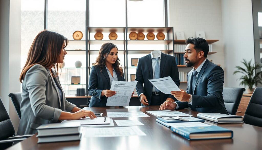 A professional business scene representing "Expansion Contabilidade" in a modern office setting. In the foreground, a diverse group of three professionals, a Hispanic woman and a Black man in business attire, are engaged in a discussion around a conference table filled with documents and digital devices showcasing tax strategies. The middle ground features a large window with sunlight streaming in, illuminating the room and casting soft shadows. In the background, shelves lined with accounting books and awards highlight the firm’s expertise. The atmosphere conveys collaboration and focus, with a sophisticated color palette of blues and grays. The lighting is bright yet warm, emphasizing a productive and welcoming environment. The composition should suggest depth, with a slight tilt from a low angle to enhance the sense of professionalism.