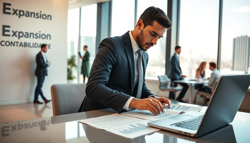 A professional business setting depicting the importance of accounting for companies in São Paulo. In the foreground, a focused accountant in a smart business suit, analyzing financial documents on a sleek desk with a laptop open, displaying graphs and spreadsheets. In the middle, a bright, modern office space with large windows letting in natural light, showcasing a view of the São Paulo skyline. On a nearby wall, subtle branding of “Expansion Contabilidade” enhances the professionalism. The background features other team members engaged in discussions, reflecting collaboration and productivity. The atmosphere is bright, optimistic, and dynamic, highlighting the significance of sound accounting practices. Use a soft focus to emphasize the accountant in the foreground, with a wide-angle lens to capture the office environment elegantly.