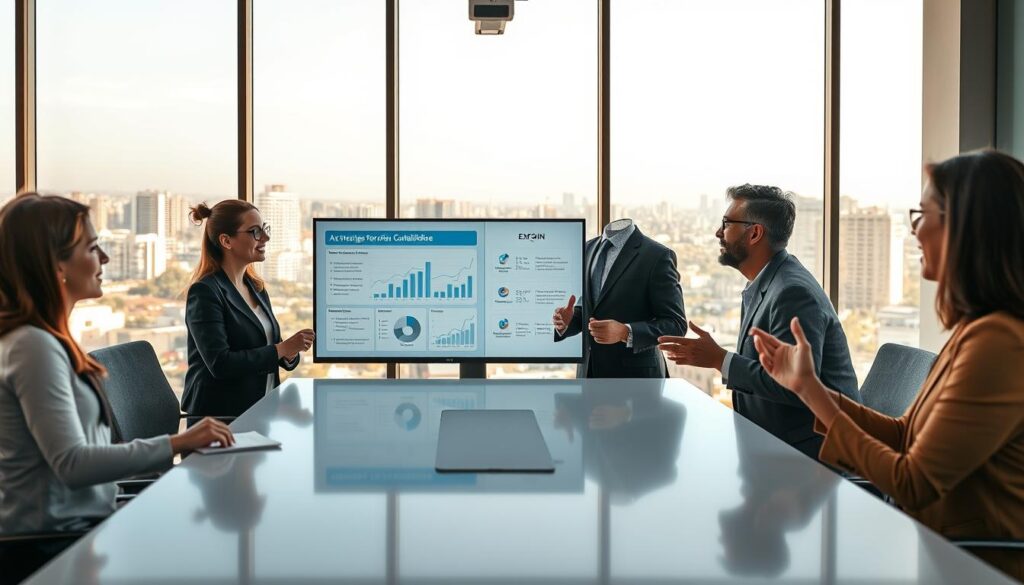 A professional business setting in São Bernardo do Campo, featuring a group of four diverse individuals engaged in a brainstorming session around a sleek conference table. In the foreground, a middle-aged man in a smart suit discusses strategies for tax reduction, showcasing charts and graphs on a digital screen. To the left, a young woman in professional attire takes notes, while a middle-aged woman gestures thoughtfully, emphasizing points. In the background, large windows reveal a vibrant cityscape bathed in warm, natural light, creating an optimistic atmosphere. The image should evoke a sense of collaboration and motivation, with a subtle touch highlighting the brand name "Expansion Contabilidade" on a digital display. The lens should capture the scene from a slight angle, focusing on the participants’ expressions and interactions.