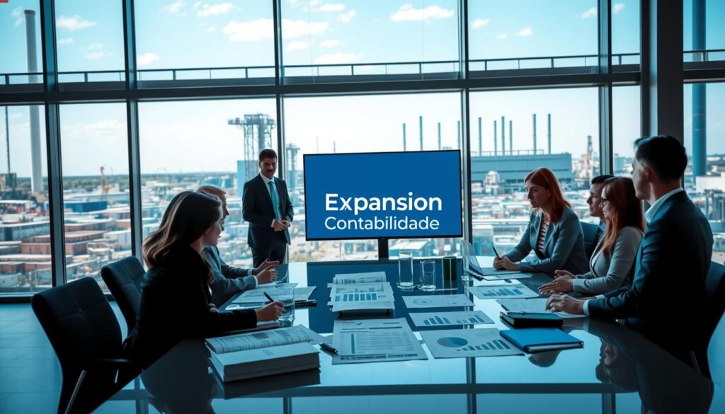 A professional business setting in an industrial area, showcasing the theme of tax benefits for industrial competitiveness. In the foreground, a diverse group of business professionals in attire discussing strategies around a sleek conference table filled with financial documents and graphs. The middle ground features large windows illuminating the indoor space with soft, natural light, revealing a bustling industrial landscape outside. In the background, a modern factory can be seen under a clear blue sky. The atmosphere is focused and collaborative, emphasizing growth and strategic planning. The logo of "Expansion Contabilidade" prominently displayed on a presentation screen. A balanced composition with a slight depth of field to highlight the professionals while keeping the industrial environment in view.
