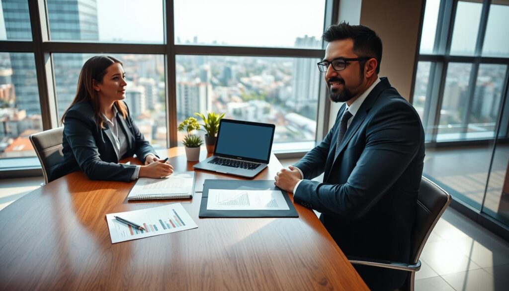 A professional consultation scene reflecting "Expansion Contabilidade" in a well-lit office environment. In the foreground, a confident business consultant wearing a tailored suit is seated at a polished wooden desk, engaged in discussion with a client, also in business attire. The middle of the image features documents, a laptop displaying graphs, and a small plant for a touch of greenery. In the background, large windows let in natural light, offering a view of São Bernardo do Campo's urban landscape. The atmosphere is professional and welcoming, exuding expertise and trust. Use a wide-angle lens to capture the entire space, enhancing the feeling of a vibrant business setting. The lighting should be bright yet soft, creating an inviting and warm mood without shadows.