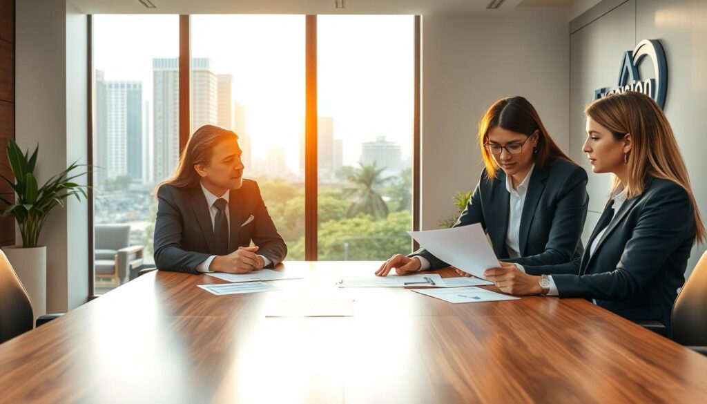 A professional, modern office scene depicting "Expansion Contabilidade" in São Bernardo do Campo. In the foreground, a diverse team of three business professionals in formal attire are engaged in a consultation, reviewing financial documents on a sleek, wooden table. In the middle, a large window showcases a view of the cityscape, with tall buildings and greenery, illuminated by warm, natural light enhancing the atmosphere of productivity and collaboration. The background features contemporary office decor and a wall-mounted logo of "Expansion Contabilidade". The lighting is bright yet soft, conveying a welcoming and efficient work environment. The overall mood should reflect professionalism and trust, ideal for a financial consultancy firm.