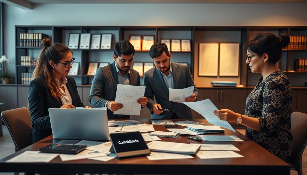A professional office environment featuring a diverse team of business consultants engaged in a discussion about tax compliance regulations. In the foreground, three professionals in business attire (a woman in a navy suit, a man in gray, and a woman in a patterned blouse) analyze documents and a laptop displaying graphs related to fiscal legislation. In the middle, a large table cluttered with papers, calculators, and a digital tablet with the text "Expansion Contabilidade" subtly visible on the screen. The background shows a modern office space with shelves displaying legal books and certificates, dimmed warm lighting creating a serious yet collaborative atmosphere. Capture this scene from a slightly elevated angle, emphasizing the teamwork and focus on legal compliance in a fiscal context, avoiding distractions or overly busy elements.
