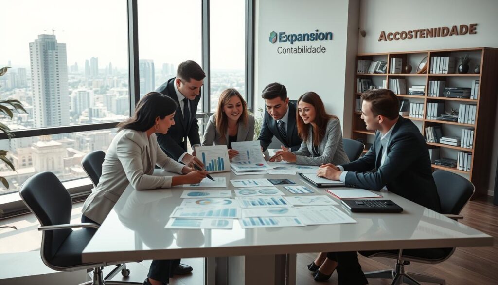 A professional office environment in São Bernardo do Campo depicting strategic accounting. In the foreground, a diverse group of business professionals in smart business attire discusses financial charts and documents over a sleek conference table, conveying collaboration and strategic planning. In the middle ground, a large window reveals the city skyline, with natural light pouring in, illuminating the workspace and creating an inspiring atmosphere. In the background, a stylish office with modern decor, including bookshelves stocked with accounting resources and a logo featuring "Expansion Contabilidade" prominently displayed on the wall. The scene is captured with a slight high-angle view, highlighting the dynamics of teamwork and the importance of local accounting services. The mood is optimistic and focused, embodying the essence of consultative accounting for business growth.