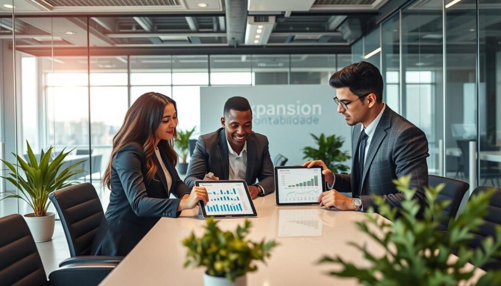 A professional office environment showcasing "Expansion Contabilidade" as a trusted partner in financial BPO services for medium-sized businesses. In the foreground, a diverse group of business professionals (Caucasian, Black, Hispanic) in smart business attire collaborate around a modern conference table, analyzing financial charts and reports displayed on a digital tablet. The middle ground features a sleek, glass office space with large windows allowing natural light to flood in, creating an inviting atmosphere. Green plants are strategically placed, enhancing the ambiance. The background displays subtle branding elements related to financial efficiency and growth. The lighting is bright yet soft, highlighting the professionalism and focus of the team. The mood is one of collaboration and innovation, reflecting the benefits of financial BPO.